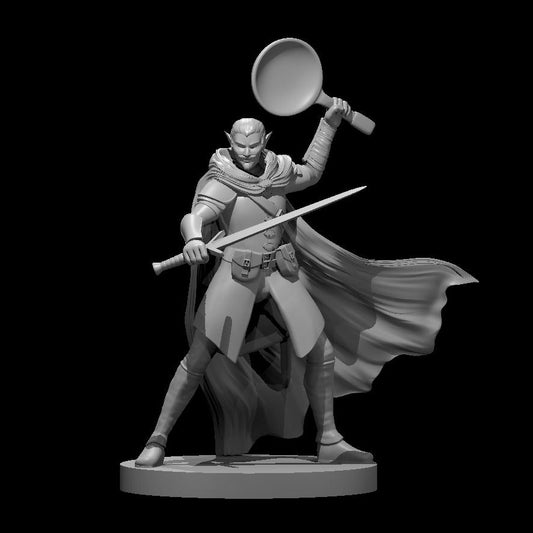 Elf Male Two Sword Ranger 4 with a frying pan and longsword 28mm Scale Miniature