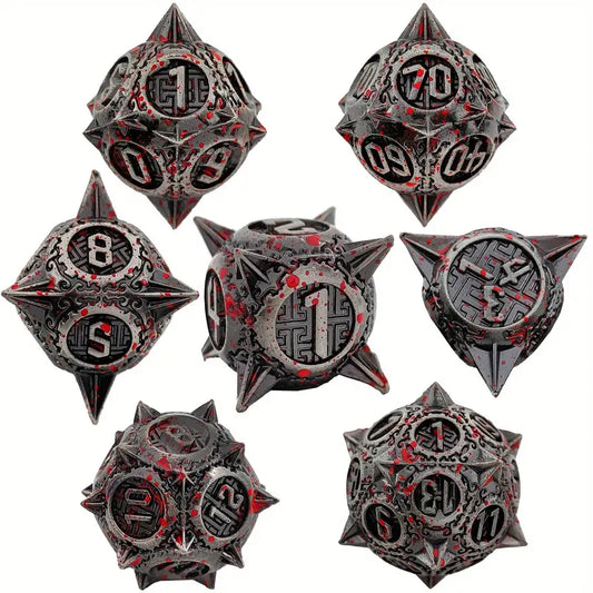 Metal D20 Polyhedral 7 Piece Dice Set - Flail - Bloodstain