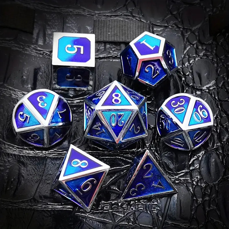 Metal D20 Polyhedral 7 Piece Dice Set - Gradient - Blue Purple Silver Edge