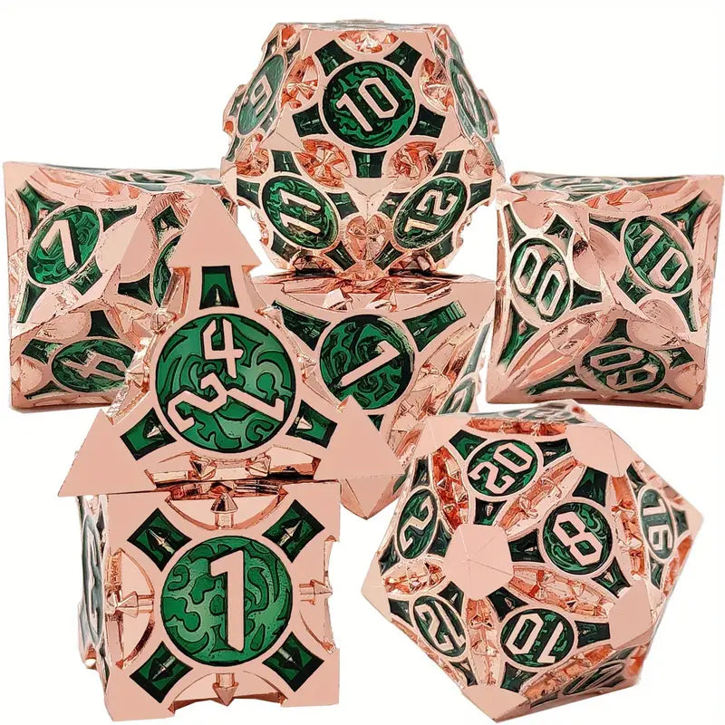 Metal D20 Polyhedral 7 Piece Dice Set - Morning Star - Red Copper Green