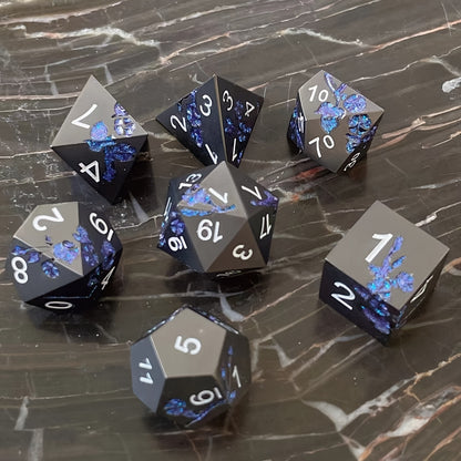 Metal Dice Set - Floral - Matt Black Blue Flower