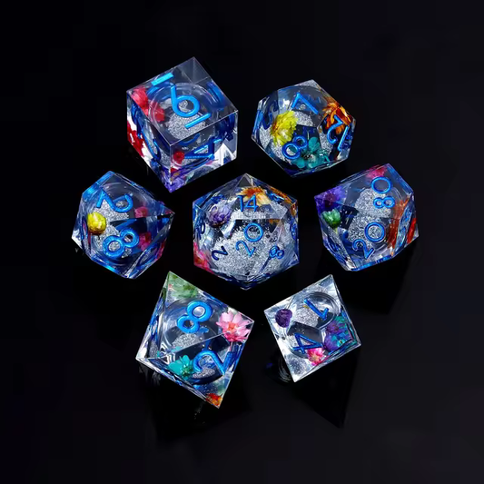 Liquid Core Dice Set - Quicksand Silver Flowers