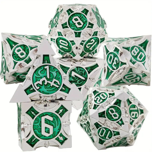 Metal D20 Polyhedral 7 Piece Dice Set - Morning Star - Silver Green