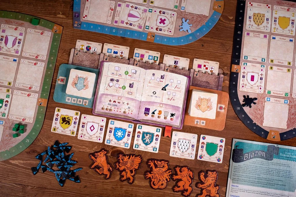 Blazon cards and central board viewed from above