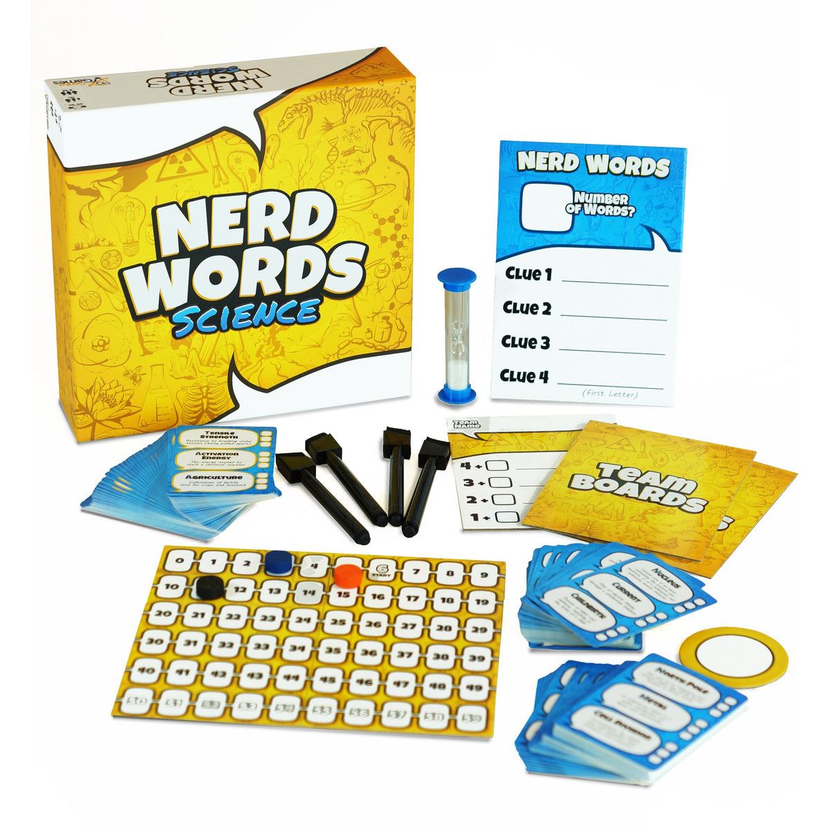 Nerd Words Science box and game components
