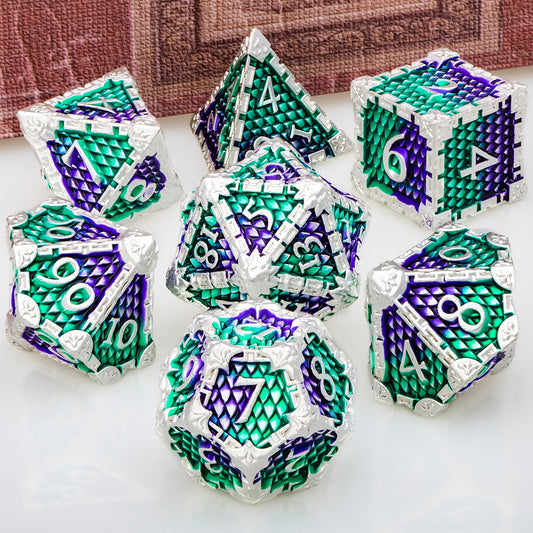 Metal Dice Set - Dragon Scale - Green Purple