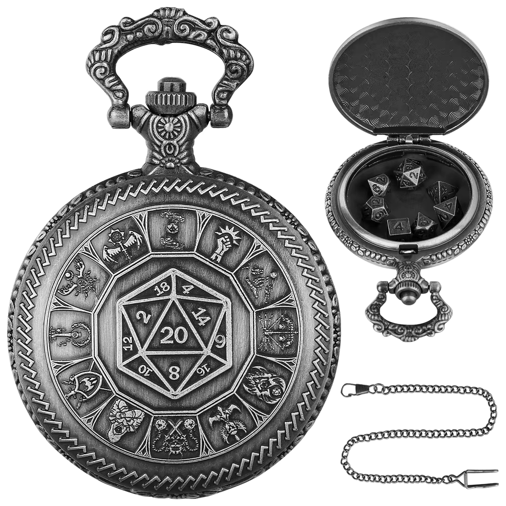 Mini Metal Dice Set With Pocket Watch Case - D20