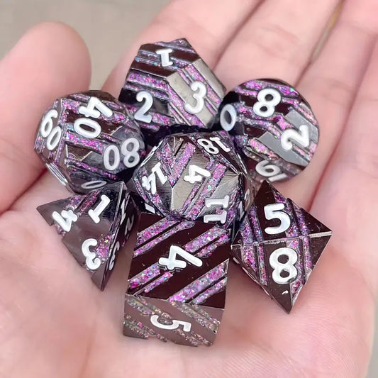 Metal D20 Polyhedral 7 Piece Dice Set - Sparkling Purple Stripes
