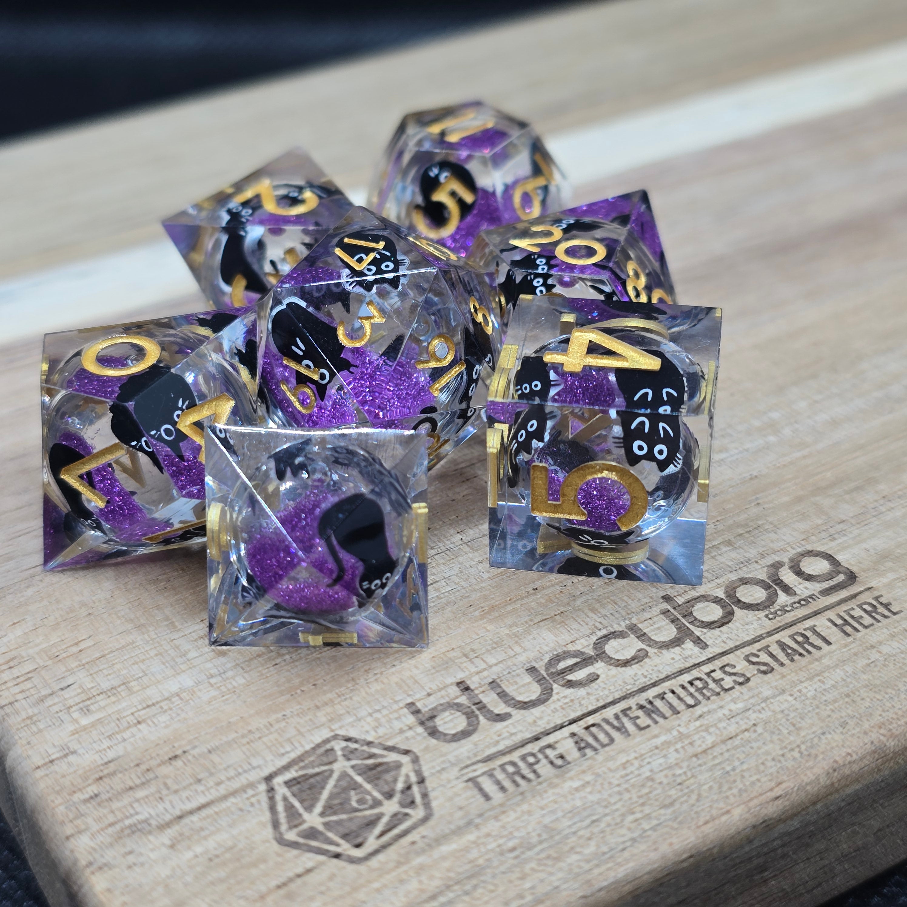 Kitty Sparkles Purple Gold - Cat Themed - Liquid Core Resin Dice Set