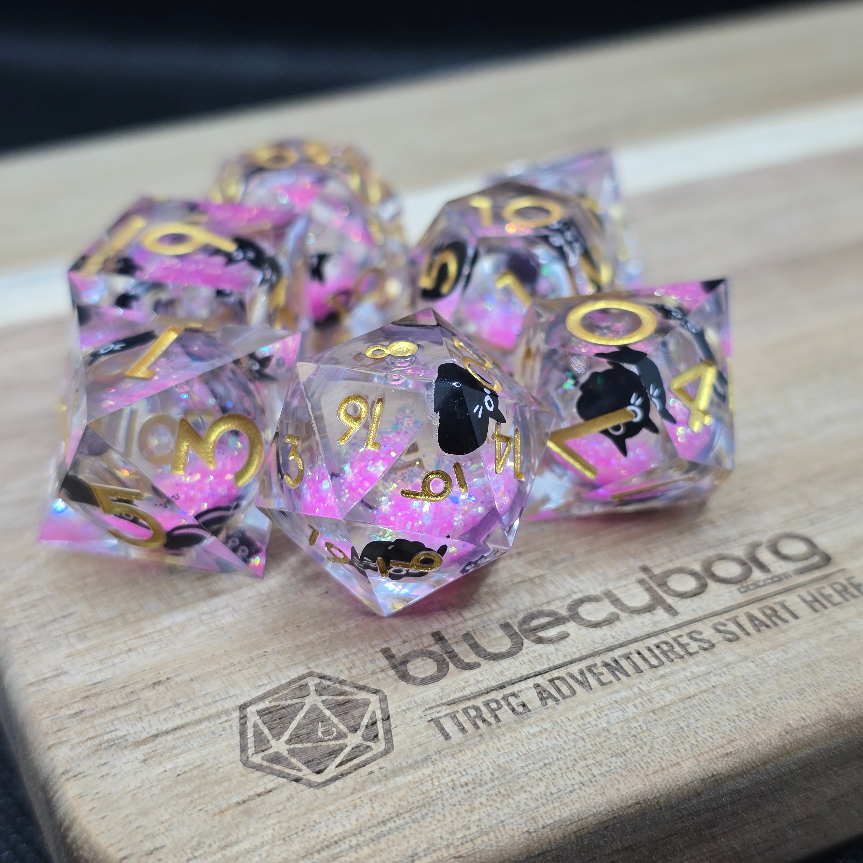 Kitty Sparkles Pink - Liquid Core Resin Dice Set