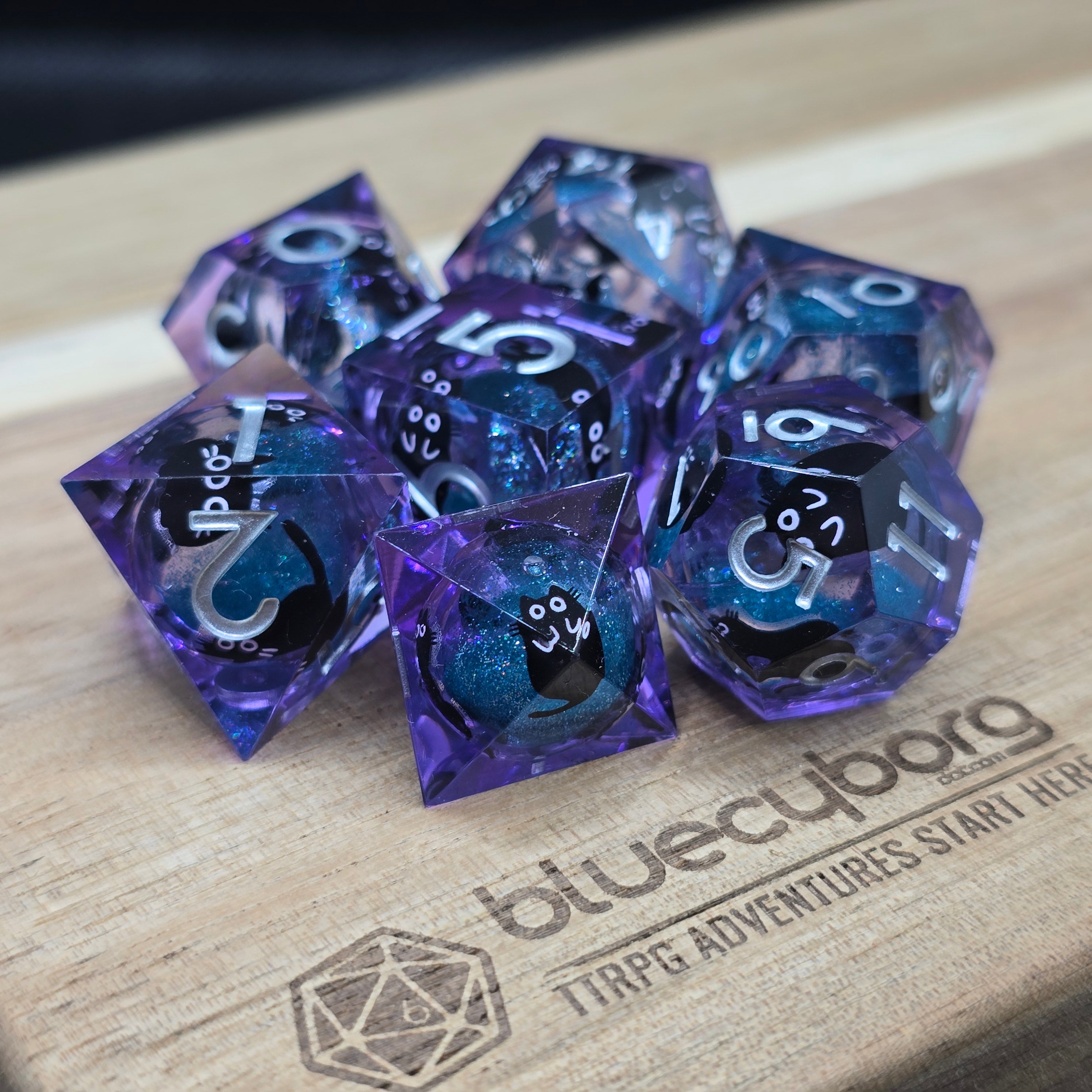 Kitty Sparkles Purple Blue - Cat Themed - Liquid Core Resin Dice Set