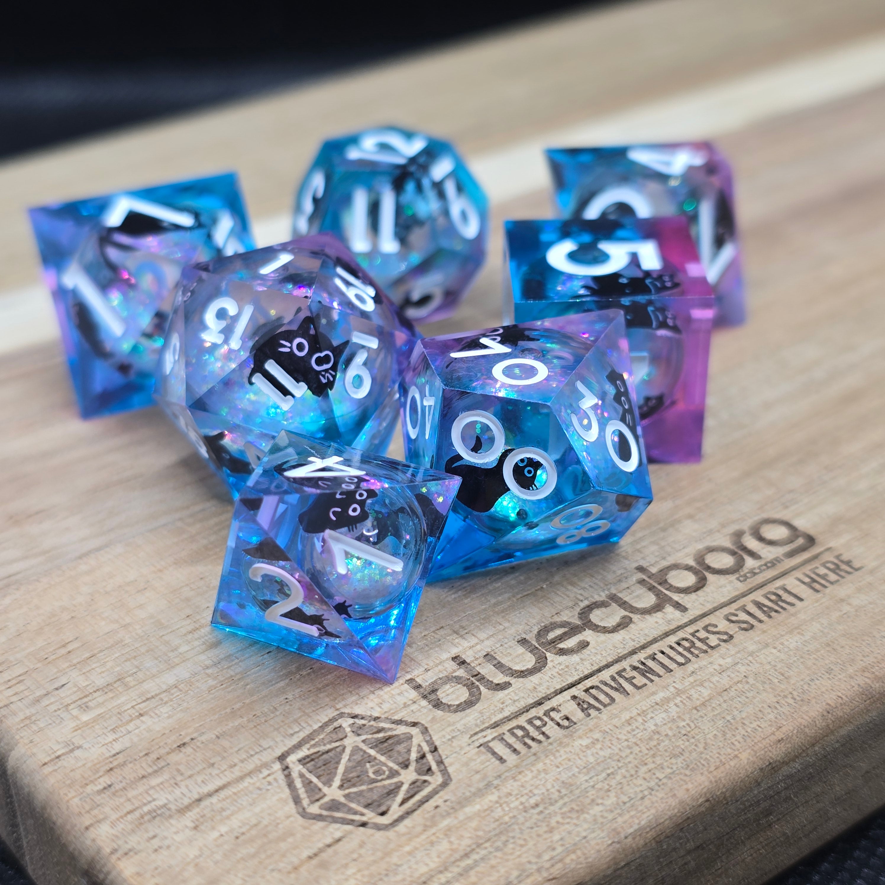 Kitty Sparkles Blue / Pink - Cat Themed - Liquid Core Resin Dice Set