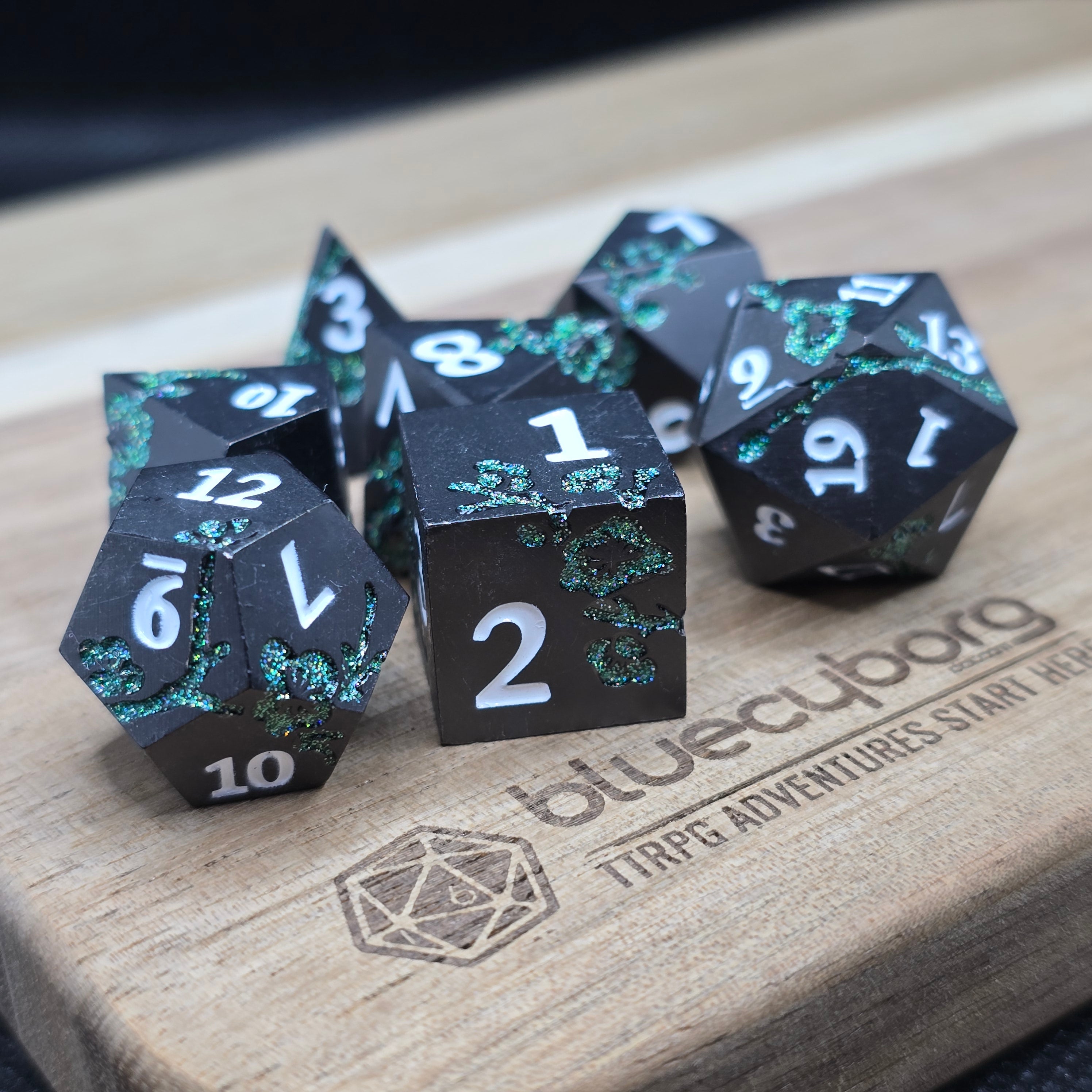Floral - Matt Black Green Flower - Floral Themed - Metal Dice Set
