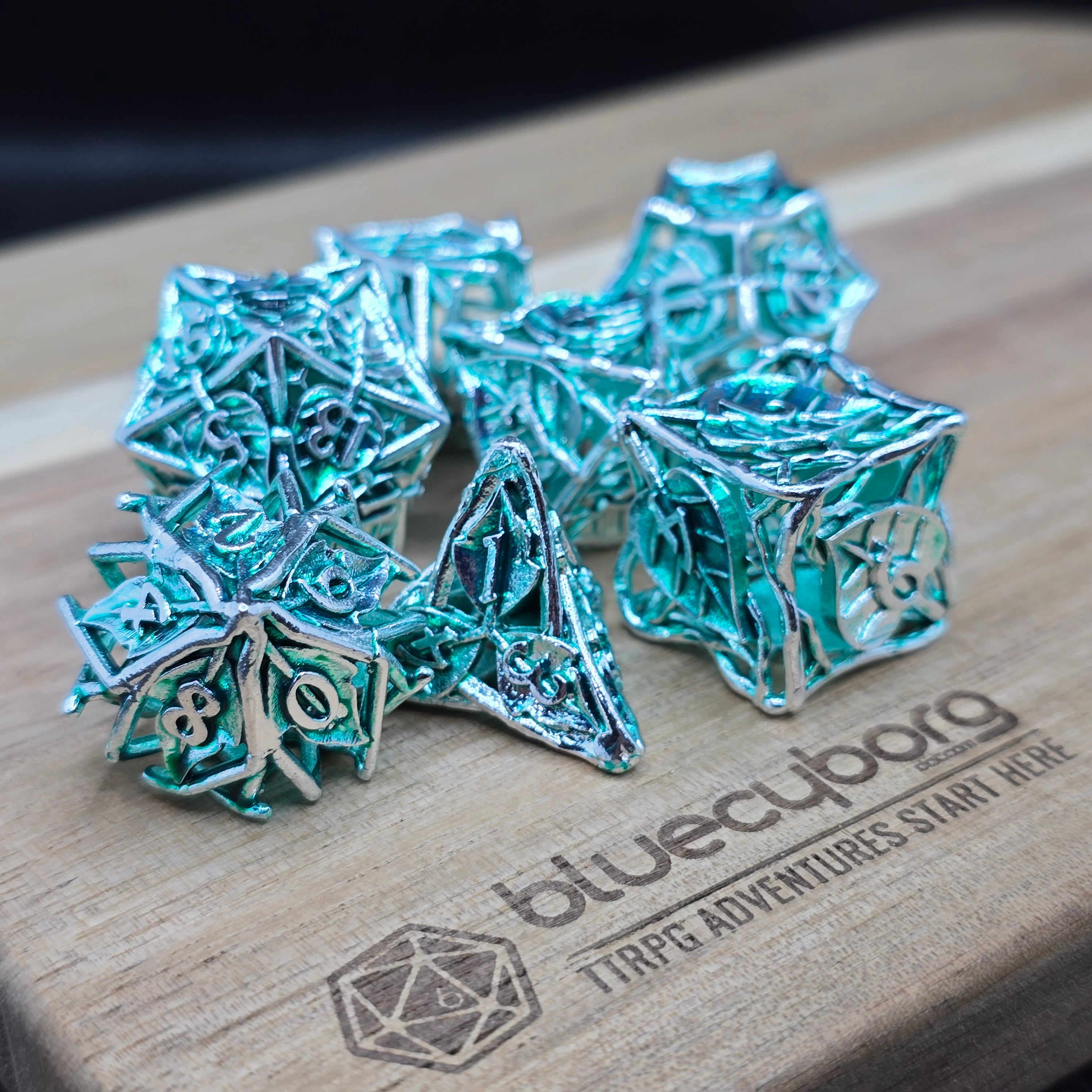 Enchanted Leaf Silver/Green - Floral Themed - Hollow - Metal Dice Set