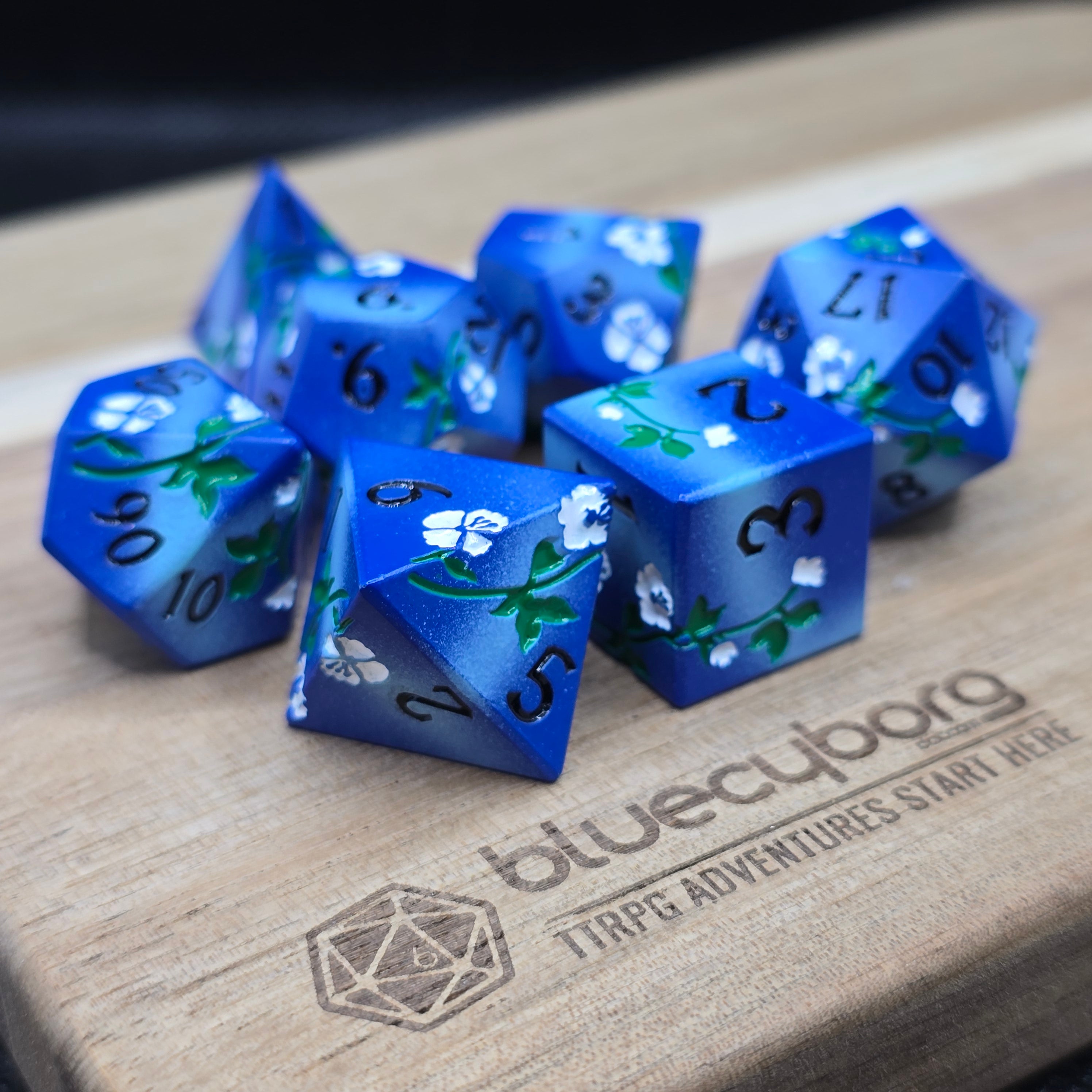 Floral - Blue White Flower - Floral Themed - Metal Dice Set
