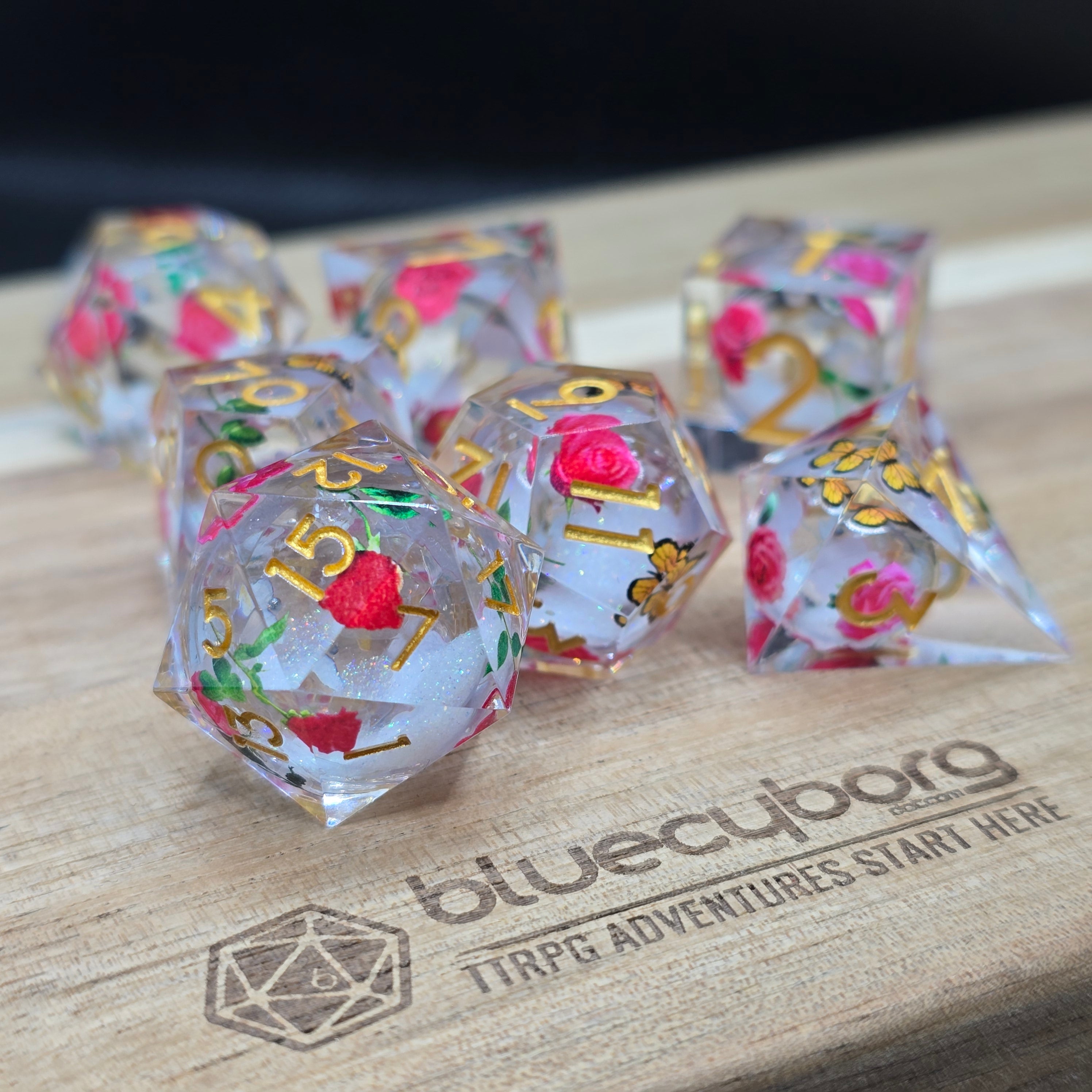 Quicksand Golden Rose - Floral Themed - Liquid Core Resin Dice Set