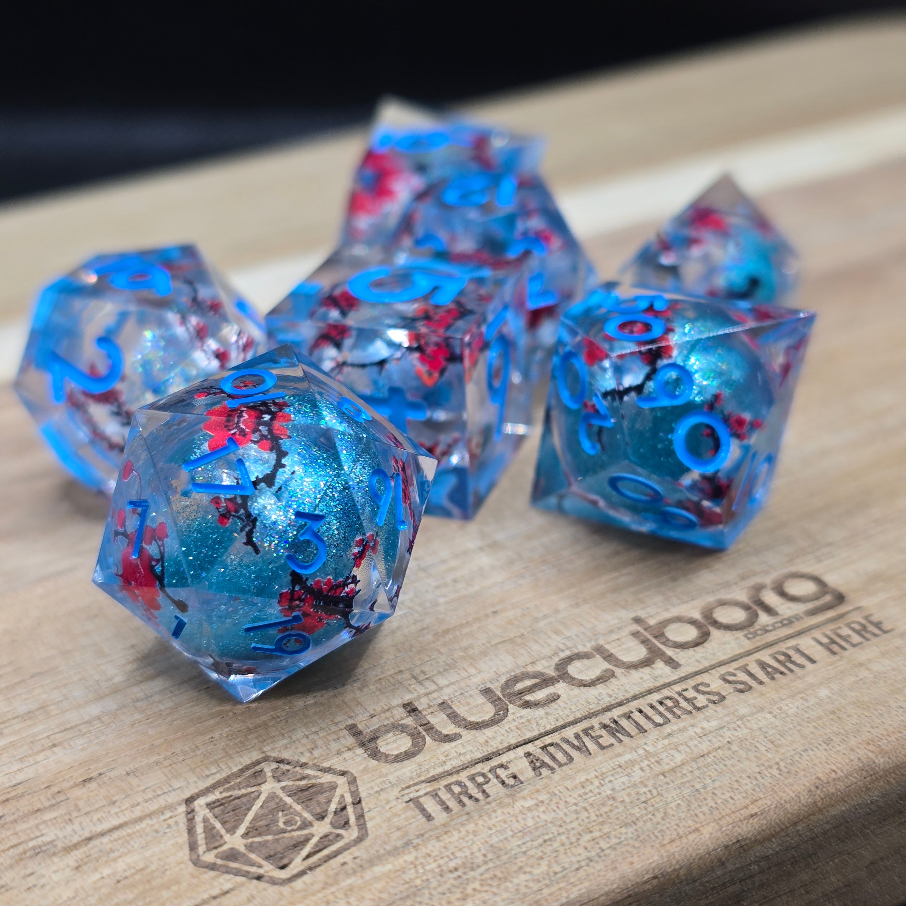 Blue Plum Blossom - Floral Themed - Liquid Core Resin Dice Set