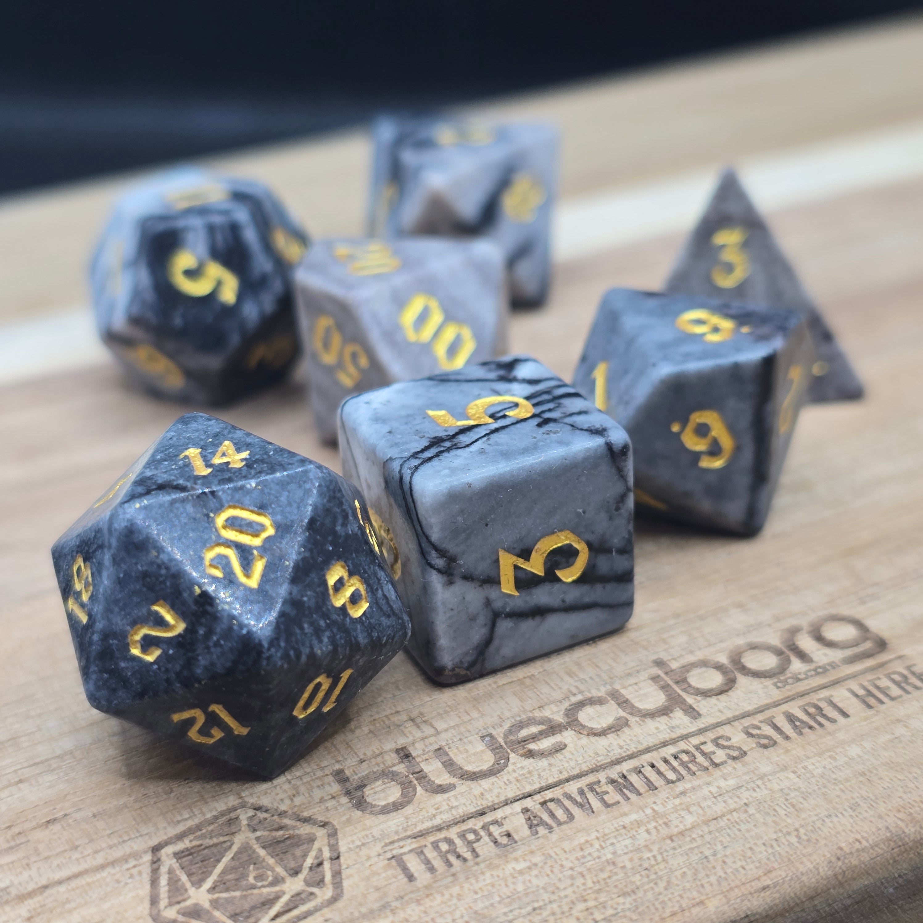 Black Grid Stone - Gemstone Dice Set
