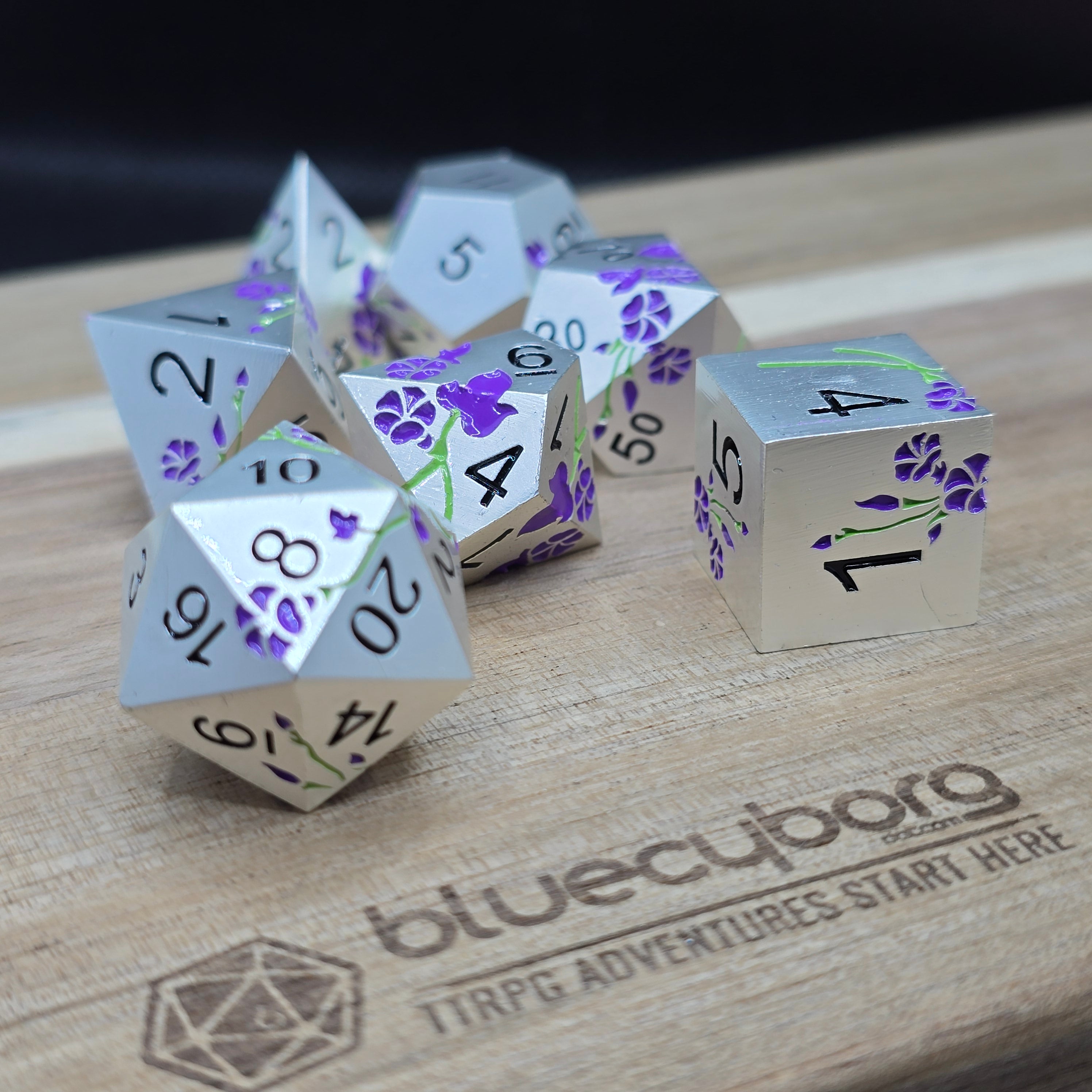Floral - Matt White Purple Flower - Floral Themed - Metal Dice Set