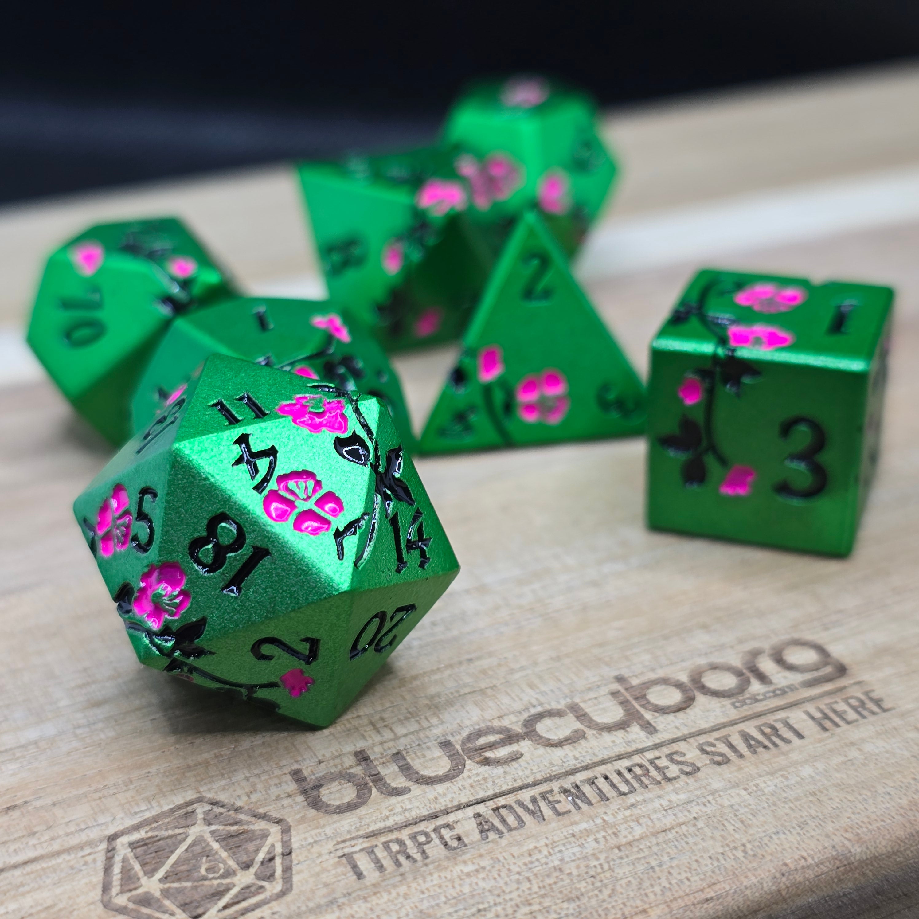 Floral - Green Pink Flower - Floral Themed - Metal Dice Set