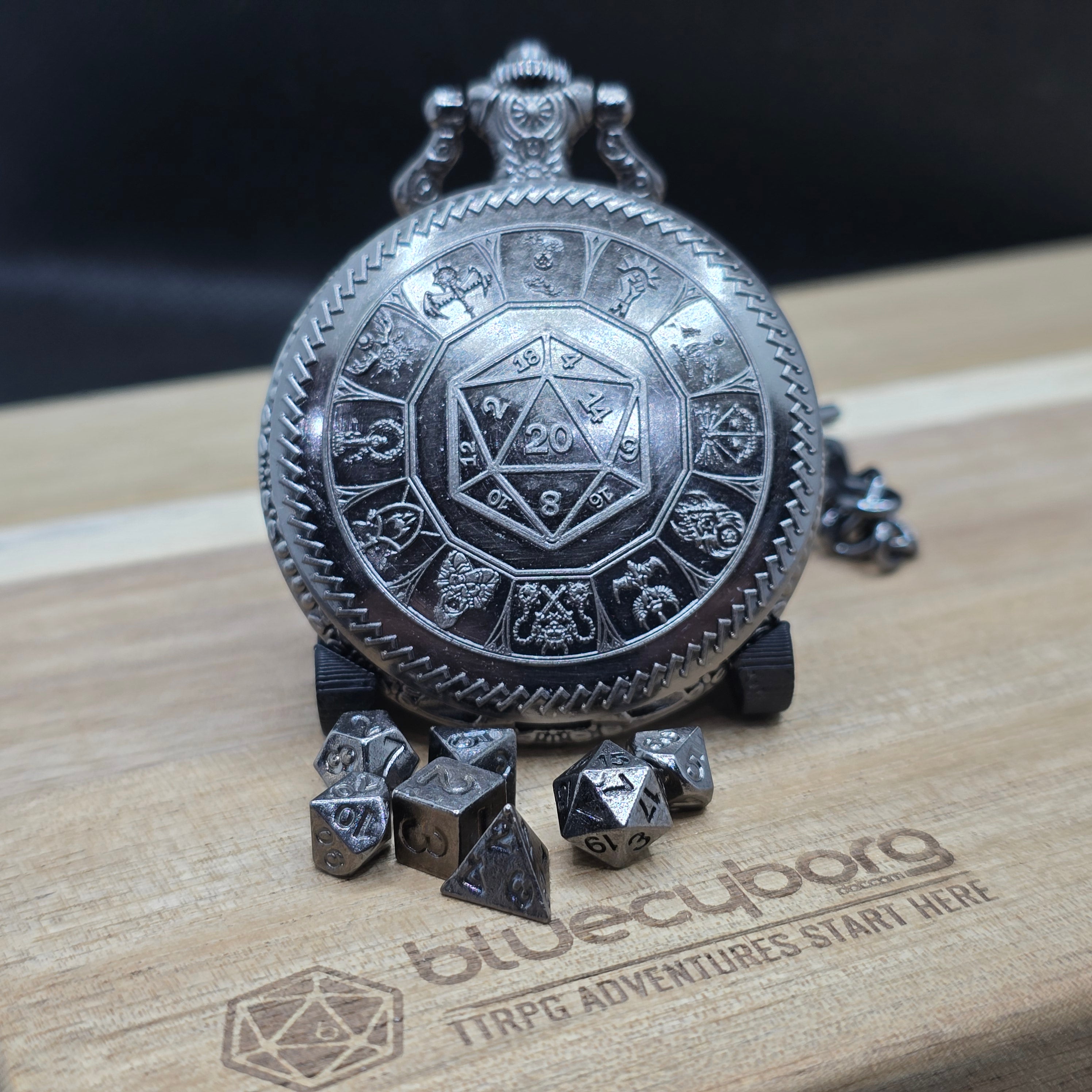 Mini Metal Dice Set With Pocket Watch Case - D20