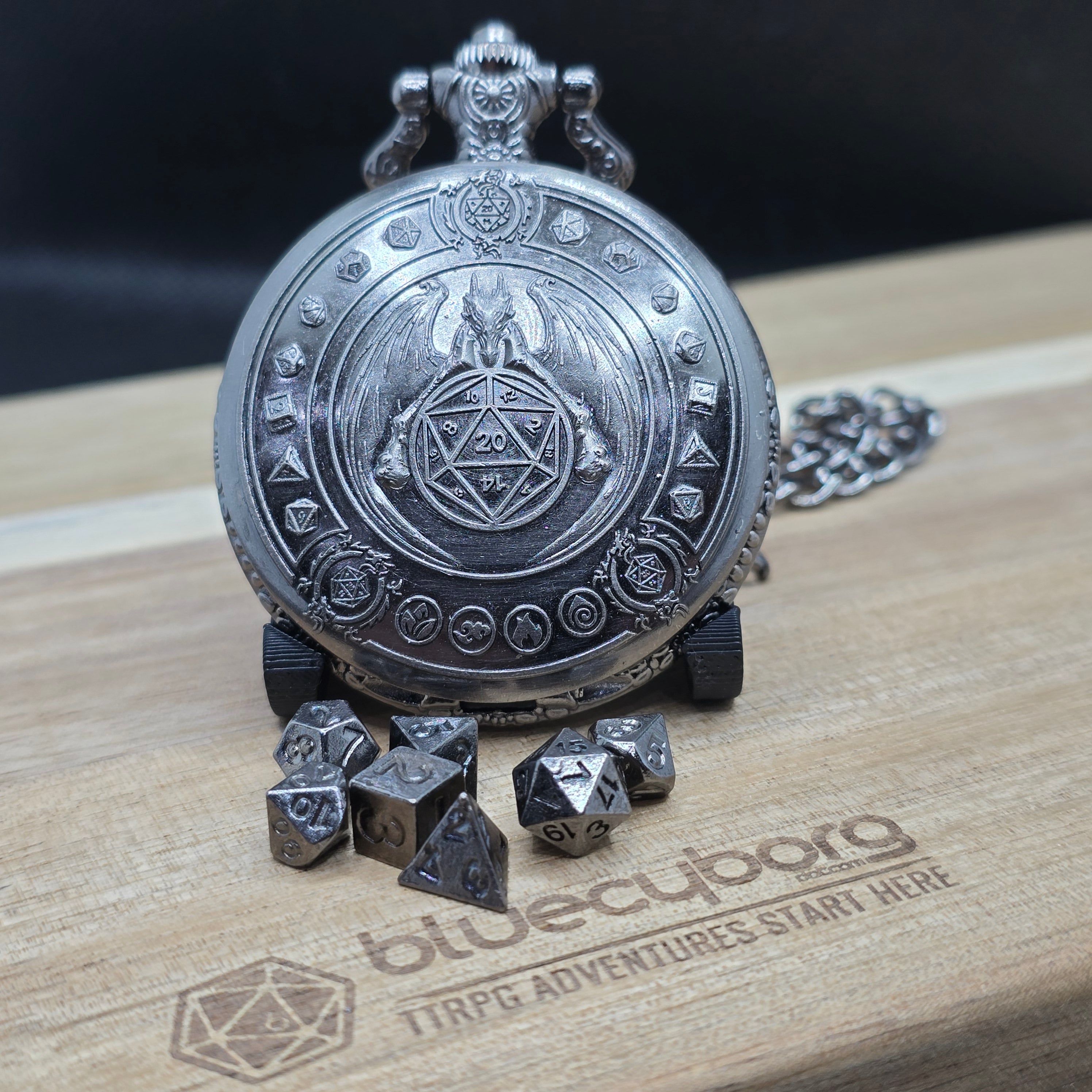 Mini Metal Dice Set With Pocket Watch Case - Dragon Flight