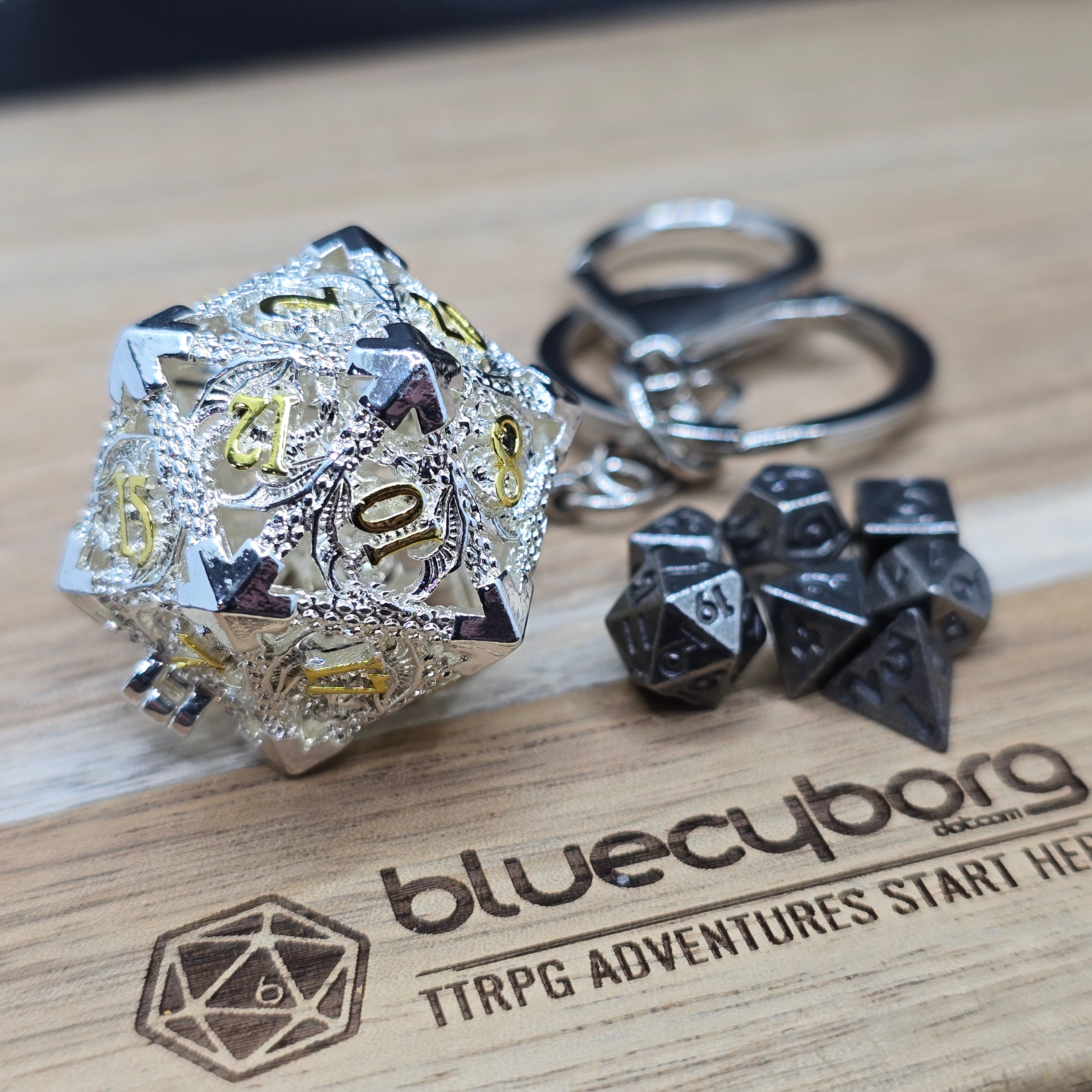 Dragon D20 - Silver Gold - Mini Metal Dice Set With Keyring Case