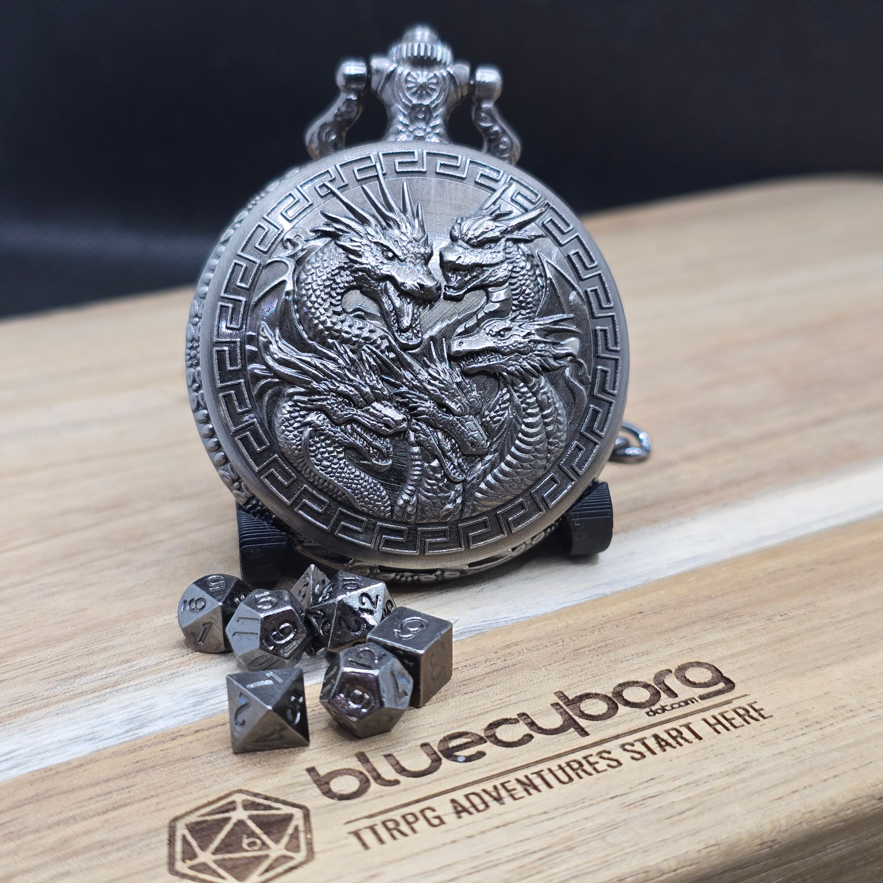 Mini Metal Dice Set With Pocket Watch Case - Five Headed Dragon