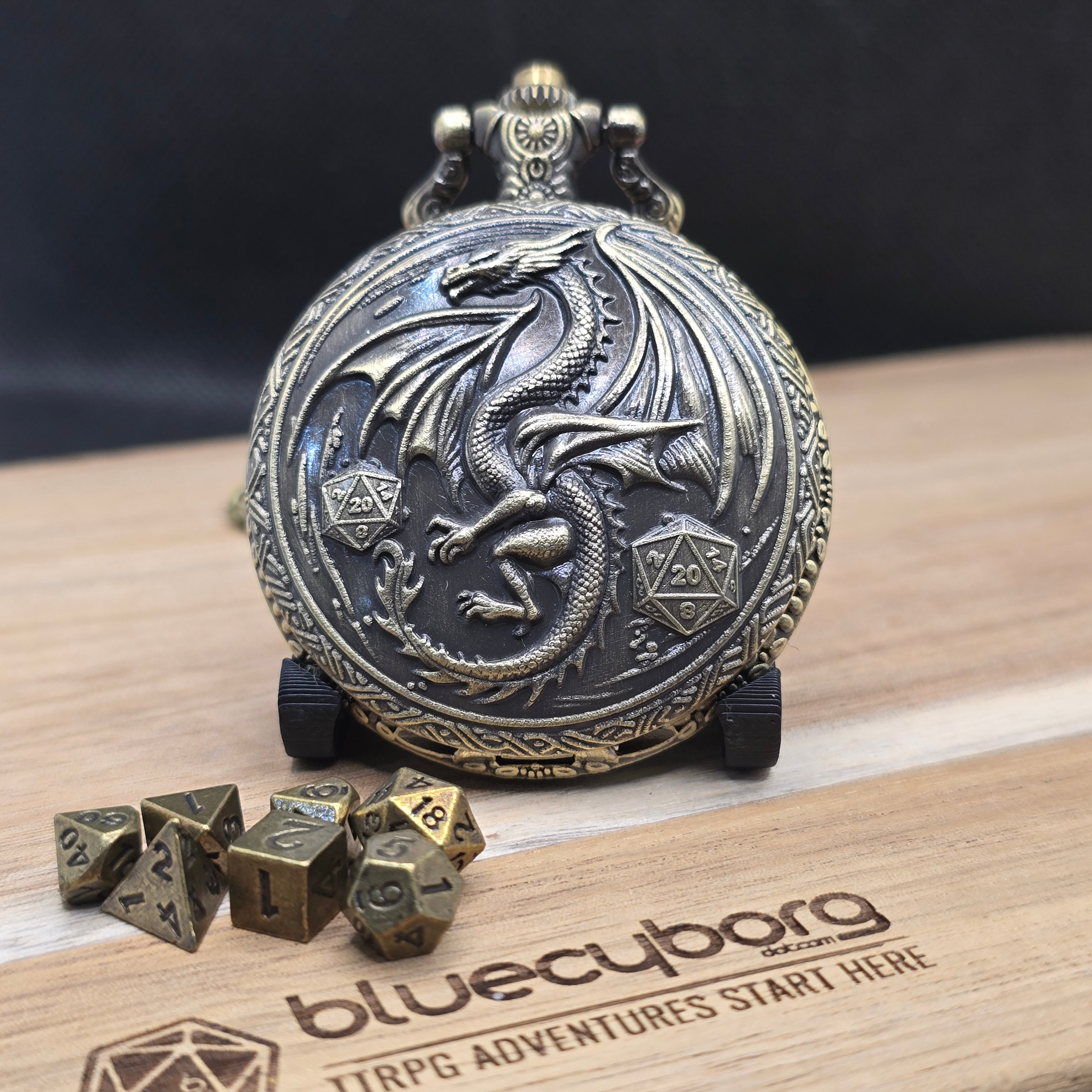 Mini Metal Dice Set With Pocket Watch Case - Dragon