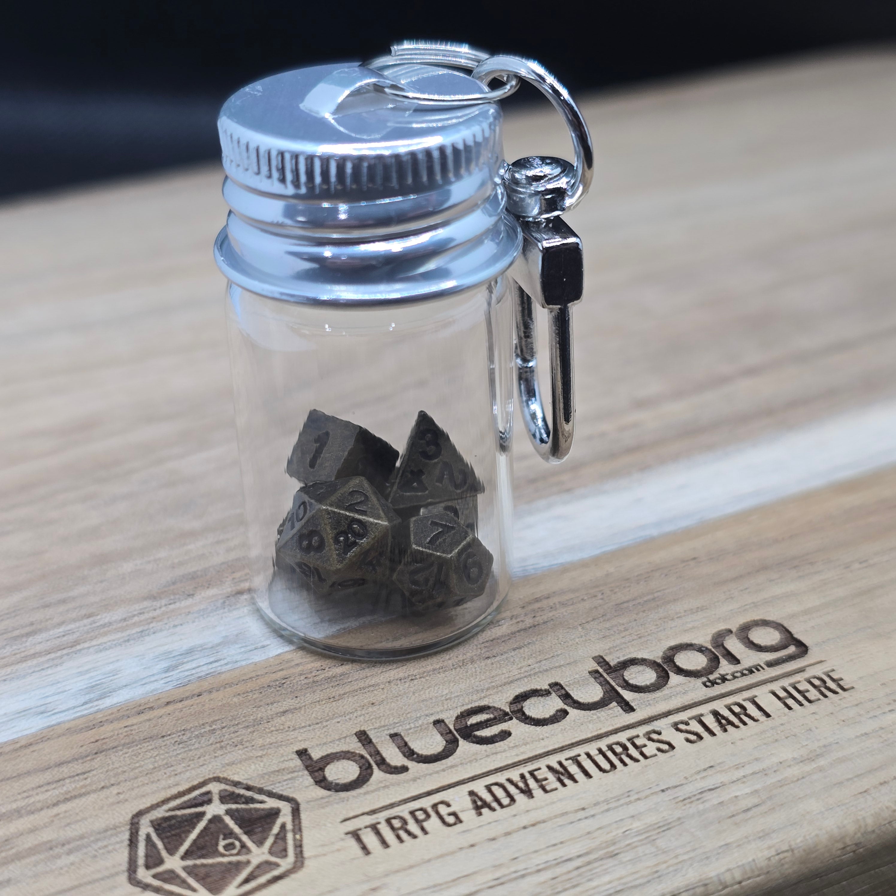 Ancient Copper - Teeny Metal Dice Set With Glass Keyring Case