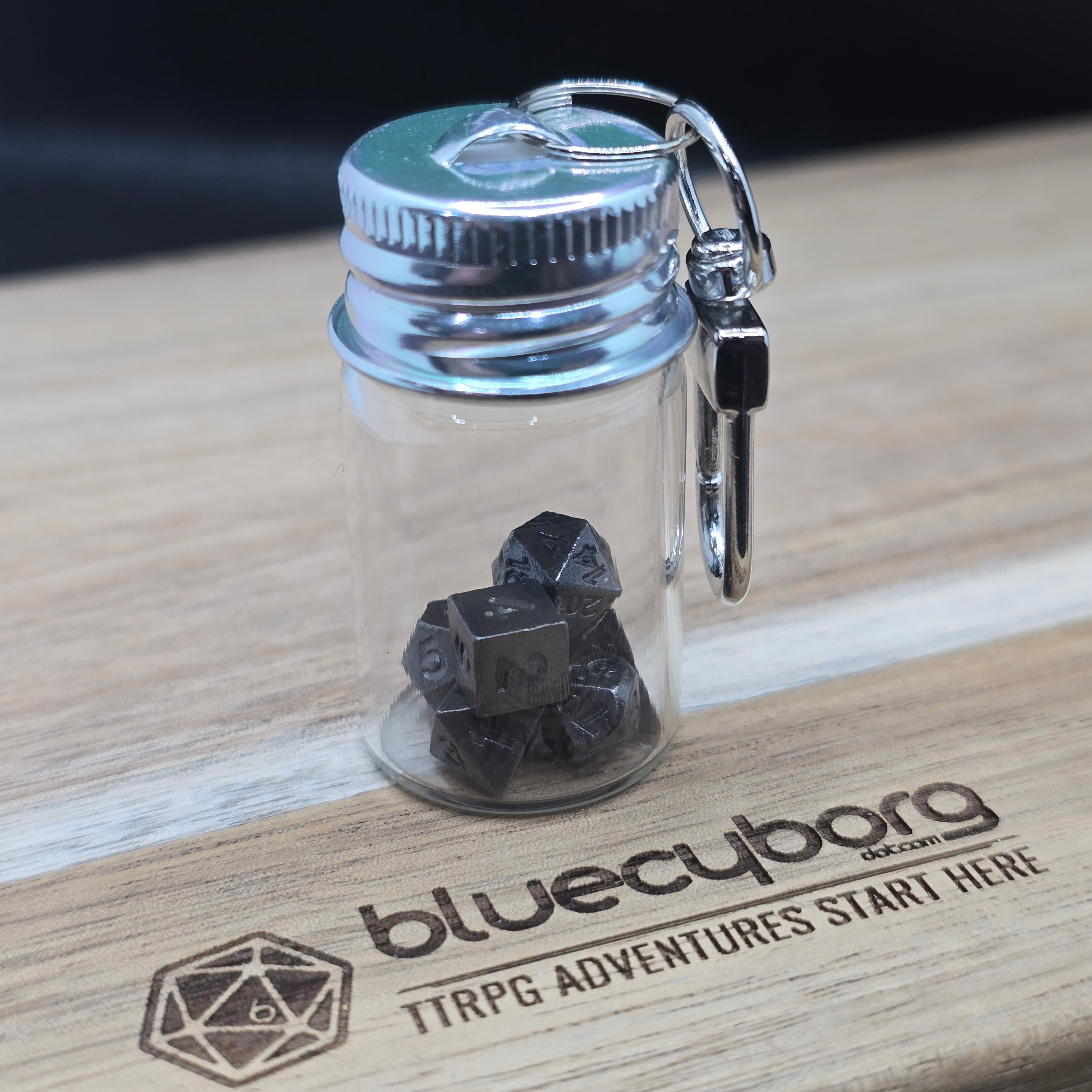 Ancient Nickel - Teeny Metal Dice Set With Glass Keyring Case