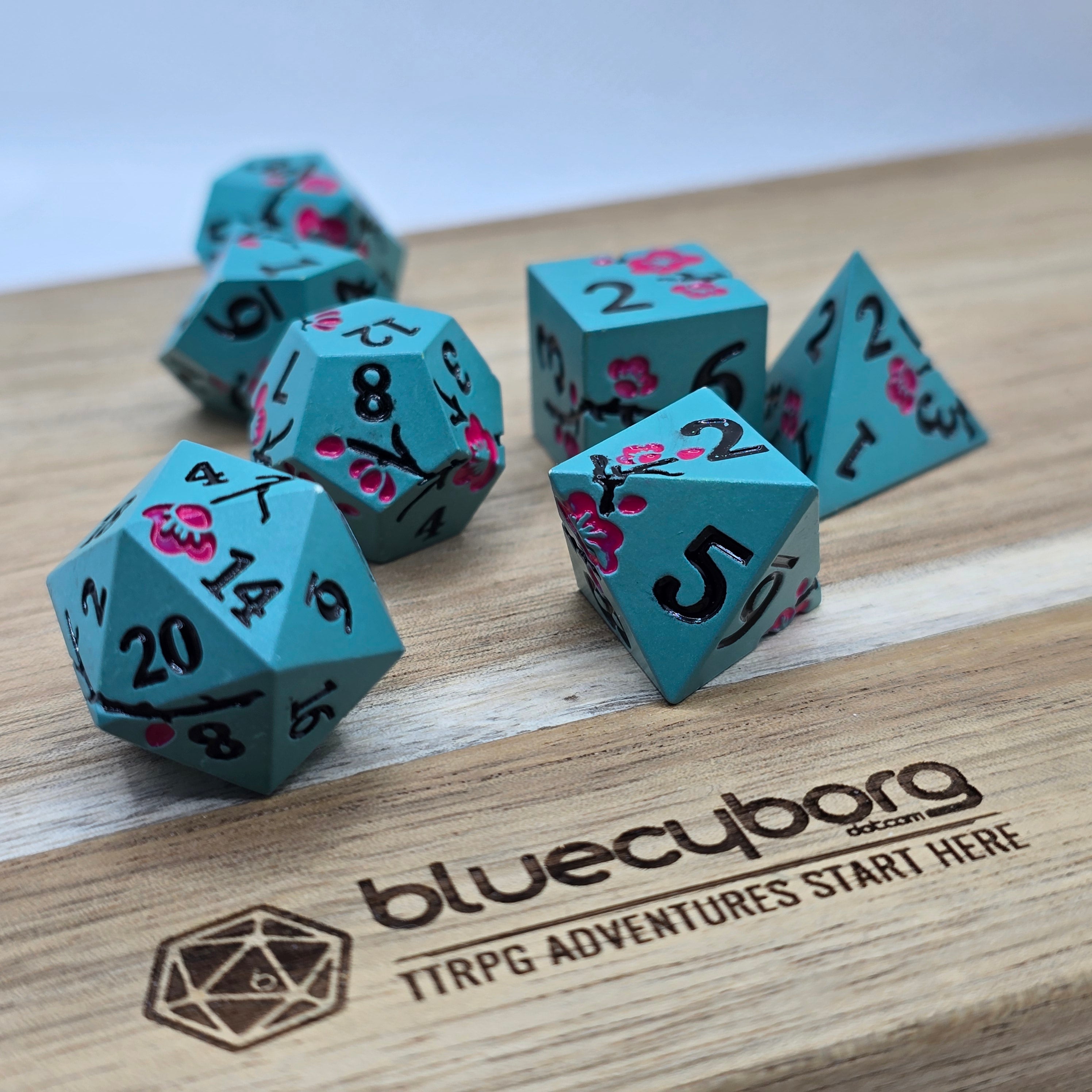 Floral - Teal Pink Flower - Metal Dice Set