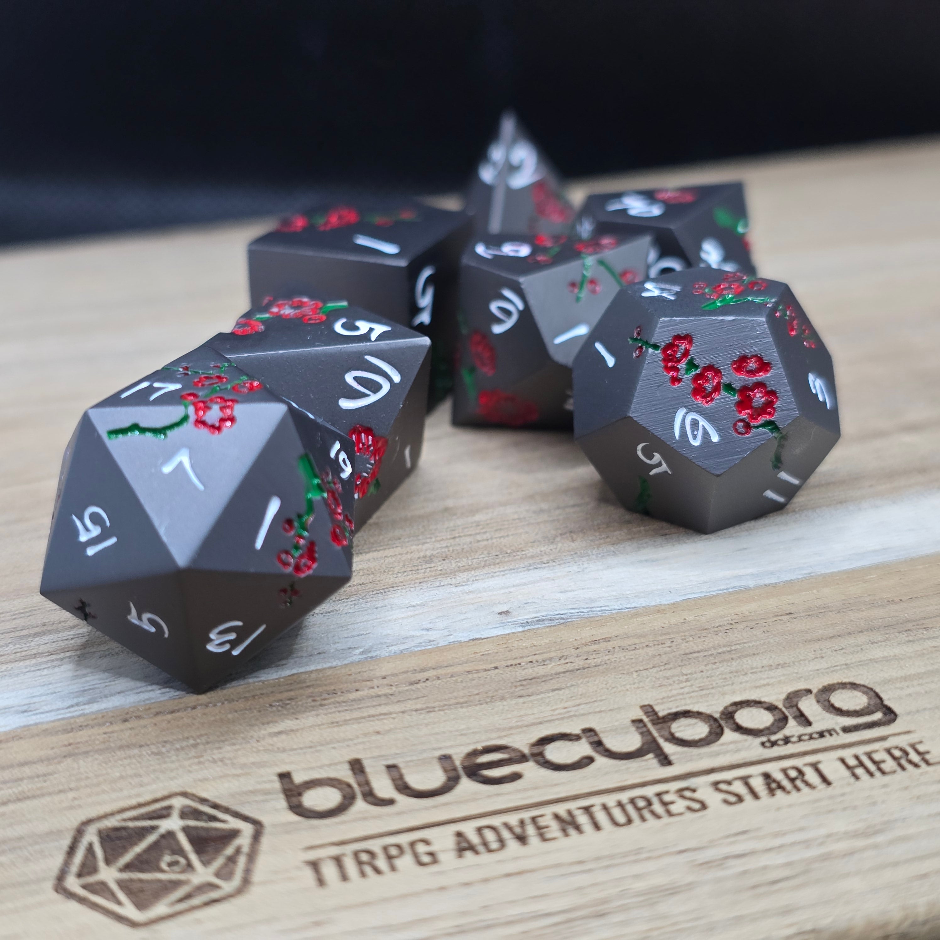 Floral - Matt Black Red Flower - Floral Themed - Metal Dice Set