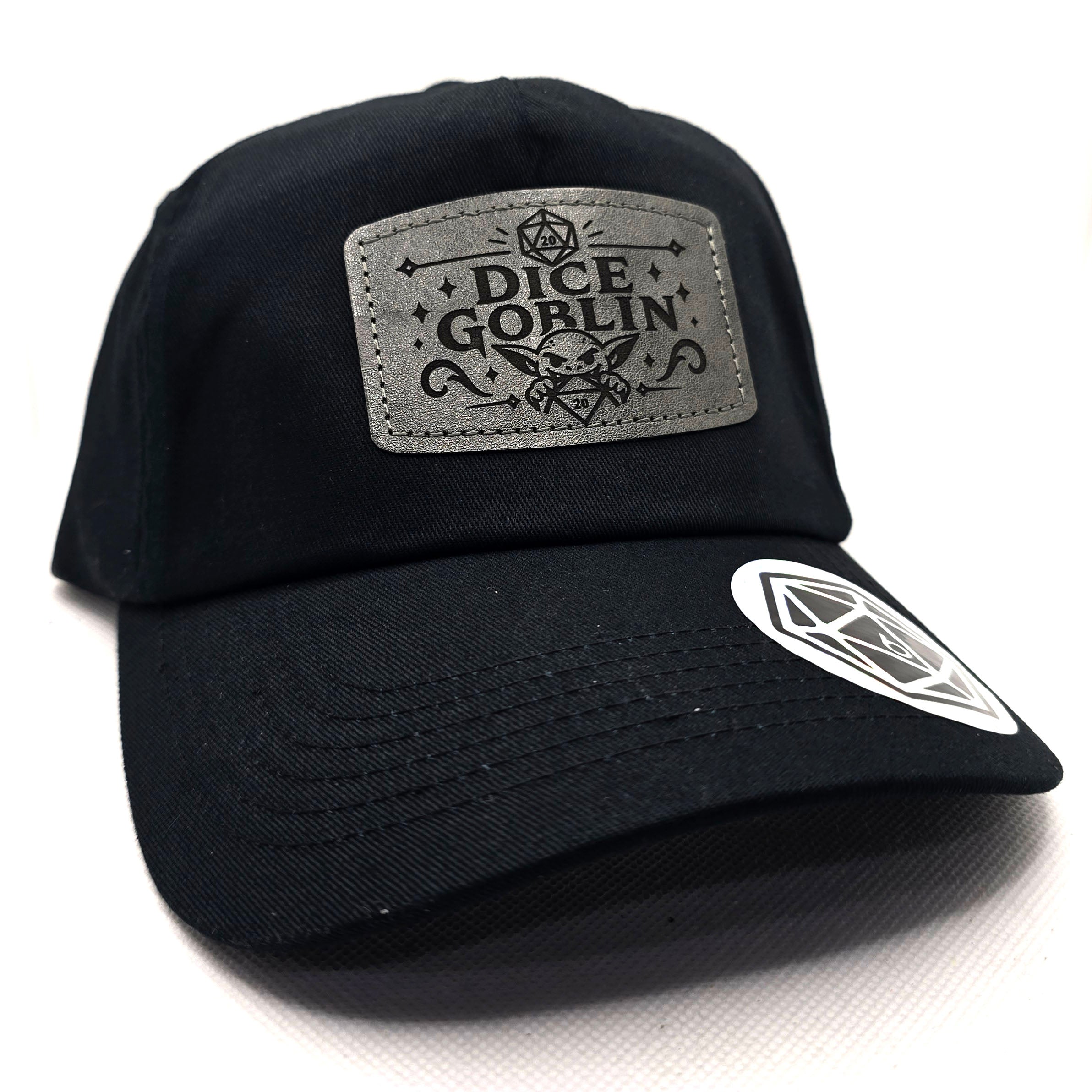 Dice Goblin TTRPG Cap – Black Dad Hat with Leather Patch