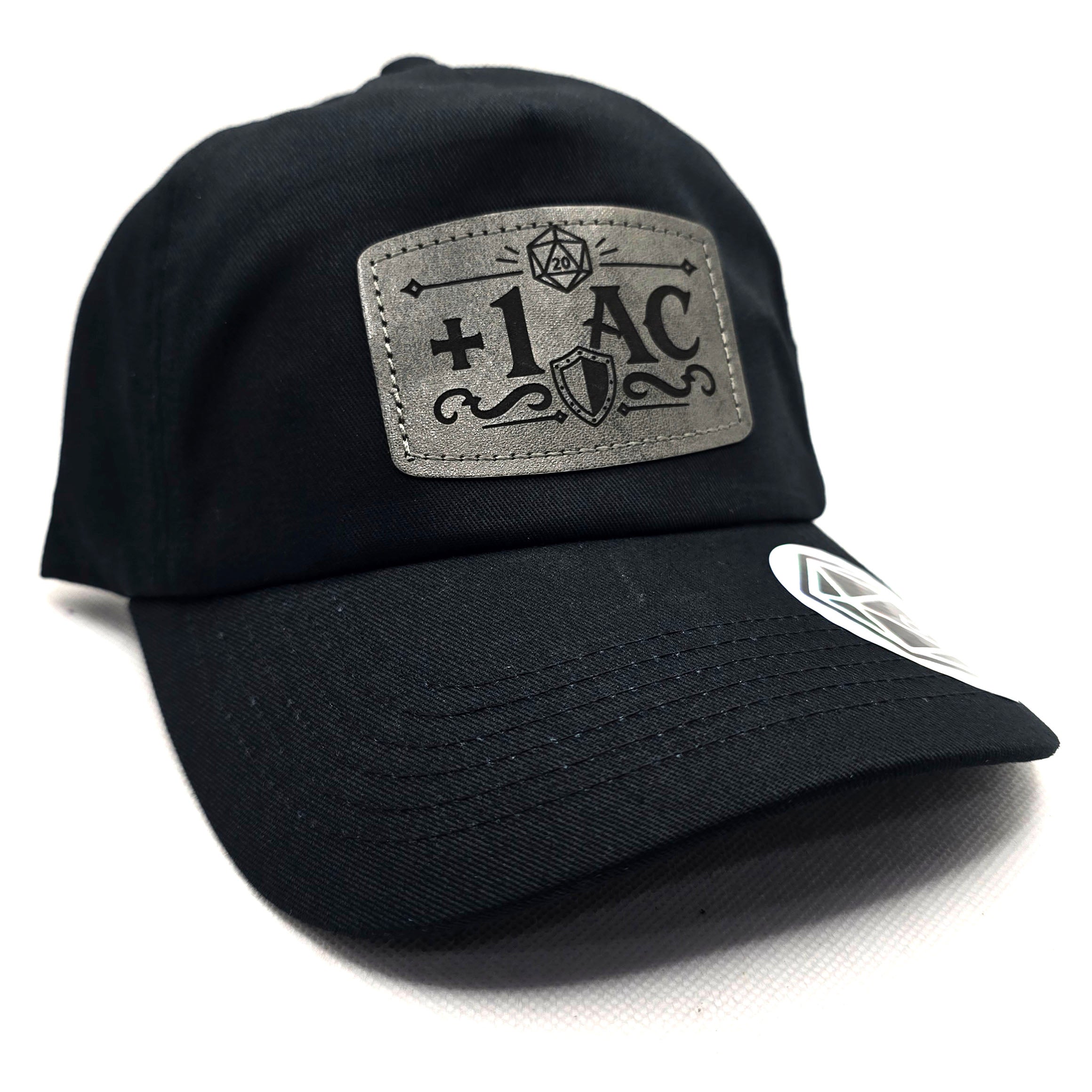 +1 AC TTRPG Cap – Black Dad Hat with Leather Patch