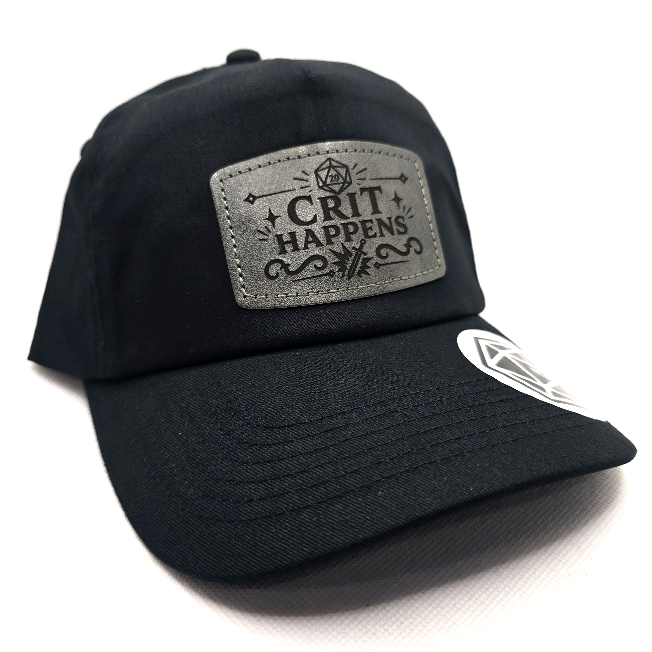 Crit Happens TTRPG Cap – Black Dad Hat with Leather Patch