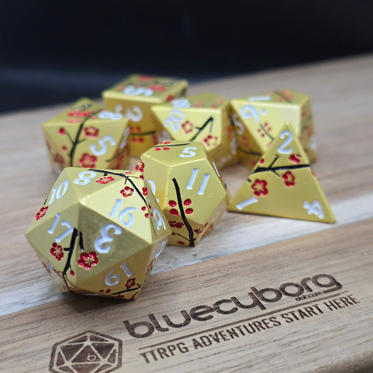 Floral - Gold Red Flower - Metal Dice Set
