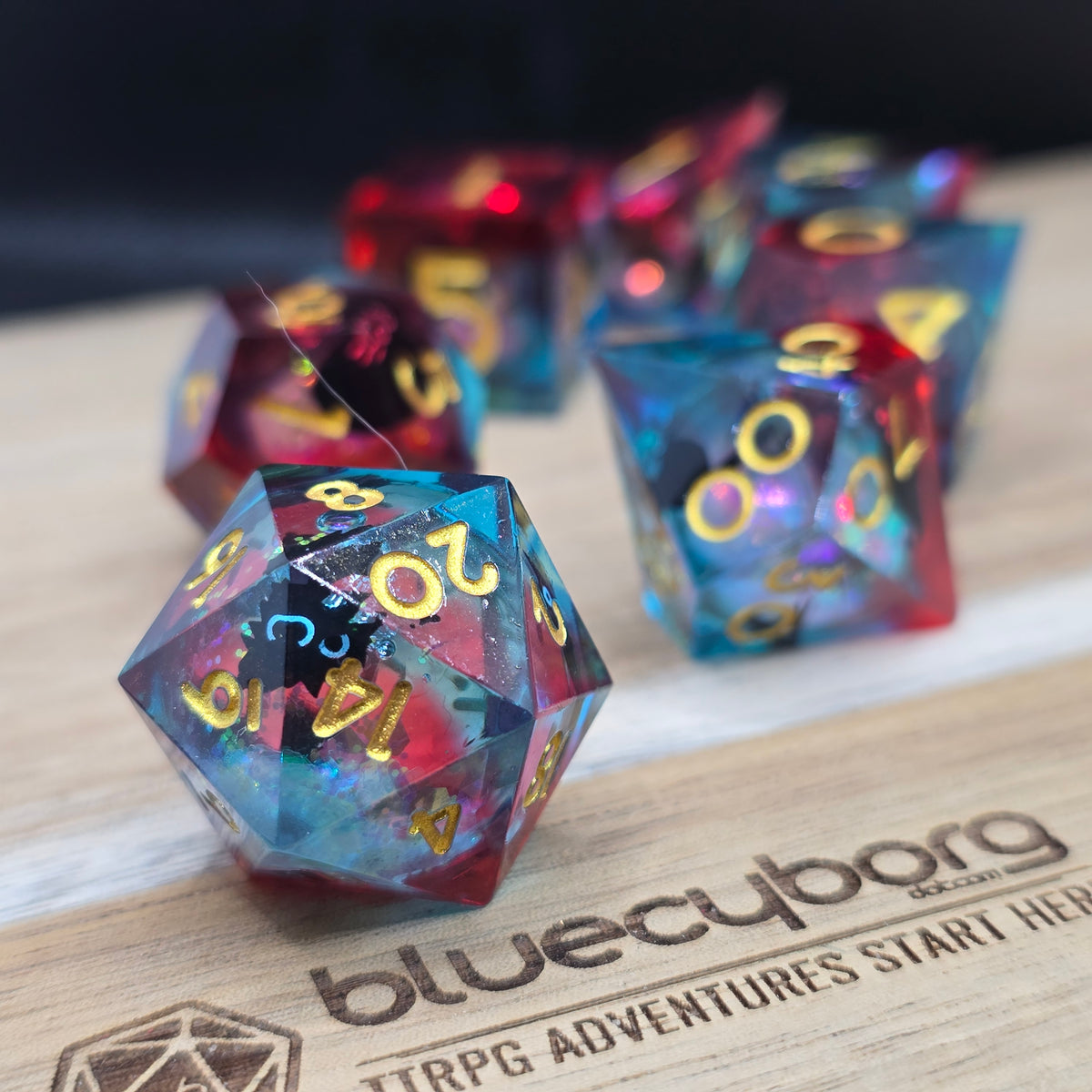 Kitty Sparkles Red / Blue - Cat Themed - Liquid Core Resin Dice Set