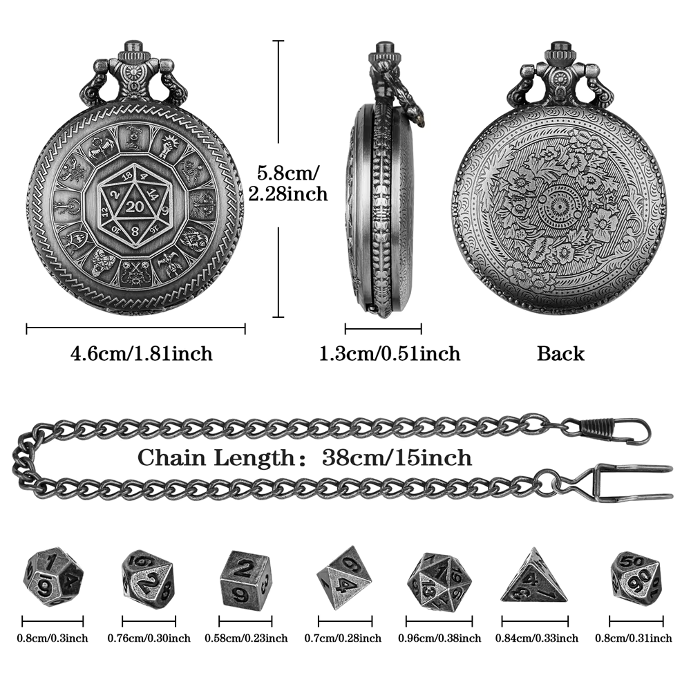 Mini Metal Dice Set With Pocket Watch Case - D20