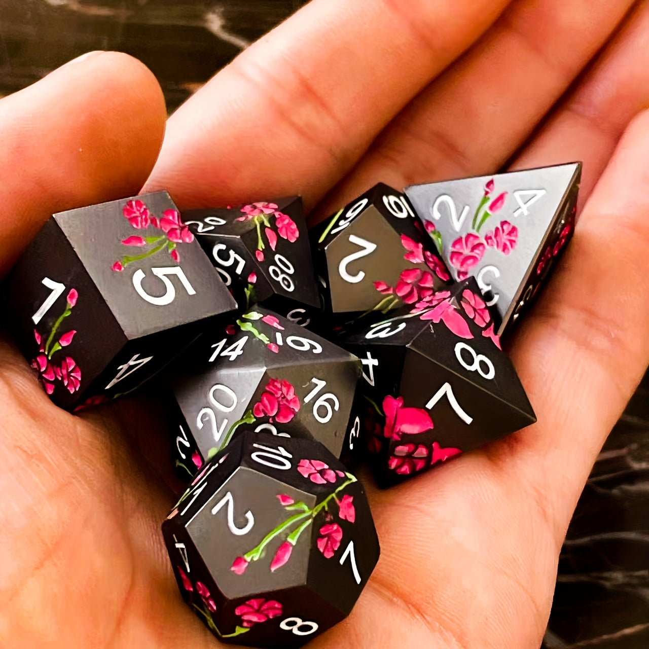 Metal Dice Set - Floral - Matt Black Red Flower