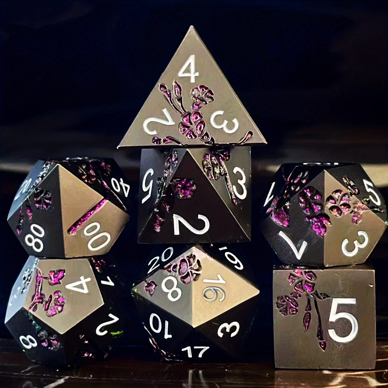 Metal Dice Set - Floral - Matt Black Purple Flower