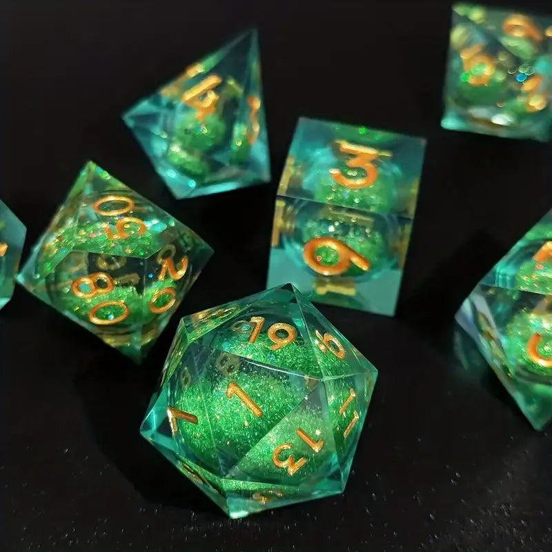 Premium D20 Polyhedral 7 Piece Dice Set - Liquid Core - Quicksand Green