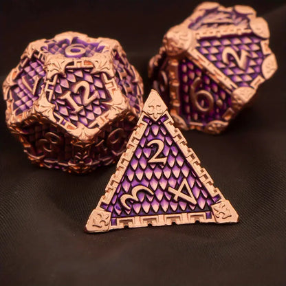 Metal D20 Polyhedral 7 Piece Dice Set - Dragon Scale Purple