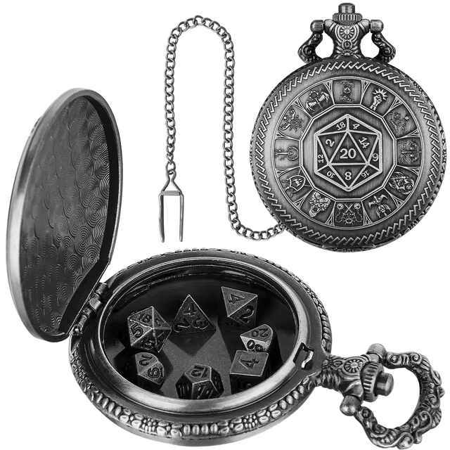 Mini Metal Dice Set With Pocket Watch Case - D20