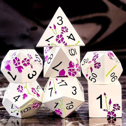 Metal Dice Set - Floral - Matt White Purple Flower