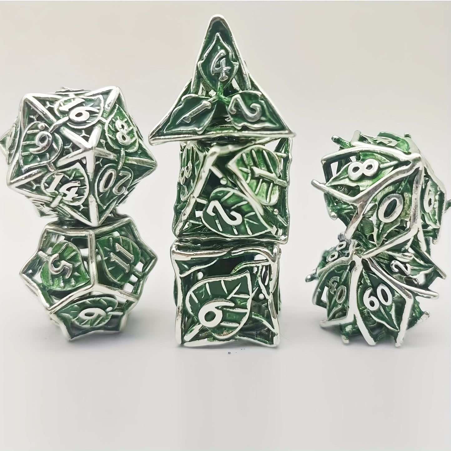 Metal Dice Set - Hollow Enchanted Leaf Silver/Green