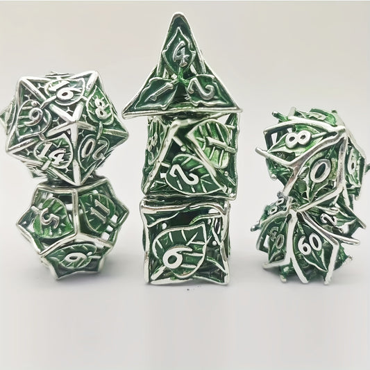 Metal Dice Set - Hollow Enchanted Leaf Silver/Green