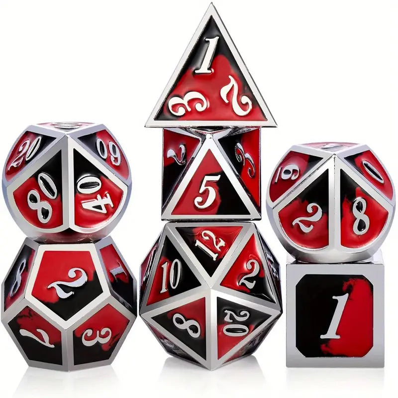 Metal D20 Polyhedral 7 Piece Dice Set - Gradient - Red/Black, Silver Edge