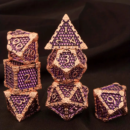 Metal D20 Polyhedral 7 Piece Dice Set - Dragon Scale Purple