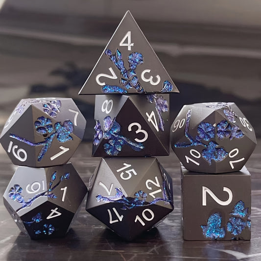 Metal Dice Set - Floral - Matt Black Blue Flower